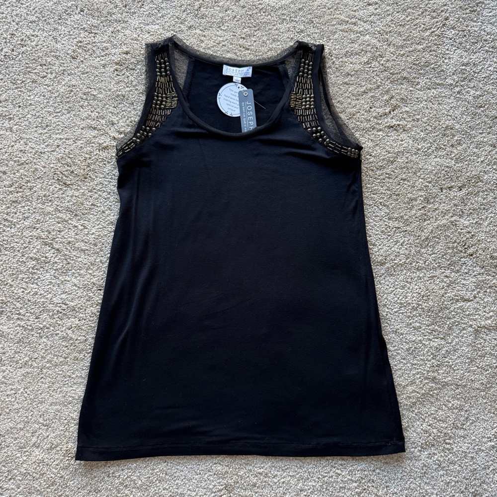 Joseph A NWT Beaded Sleeveless Black Top Sheer Mesh Detail Size S